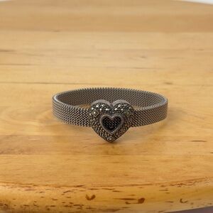 Vintage Judith Jack Art Deco Sterling Silver Marcasite Heart Charm Mesh Bracelet